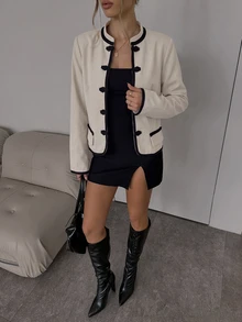 SHEIN BAE 女款時尚青蛙鈕扣長袖拼色夾克 日常穿著 黑白配色 秋季優雅 - 卡其色 - 查看 8