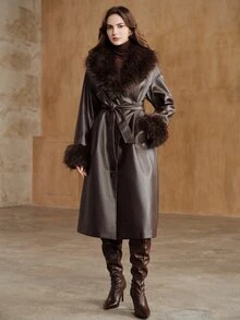 Anewsta Women's Coffee-Colored Long Wool Coat With Cuff And Collar Patchwork, Suitable For Travel, Dating, Gathering, Daily Commute And Casual Wear - Coffee Brown - View 4
