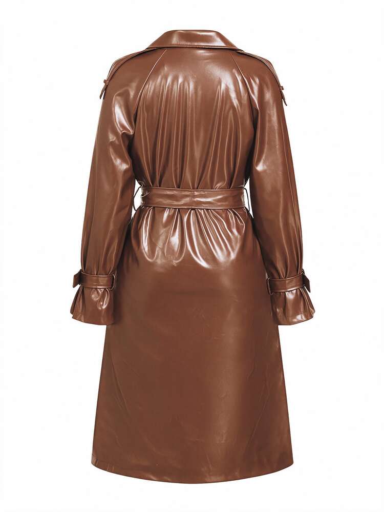 Ellevyn Women's Solid Color Double-Breasted Long Sleeve PU Leather Long Trench Coat - Rust Brown - View 17