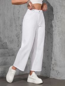 SHEIN ICON 大尺碼女款街頭休閒淺藍色無彈力牛仔直筒長褲 - 白色 - 查看 4