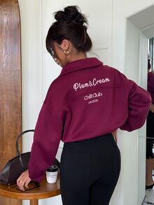 Aloruh Women's Autumn/Winter New Sweatshirt Jacket, High Neck Sweatshirt, Purple-Red Sweatshirt, Slogan Sweatshirt - Red Violet - View 5