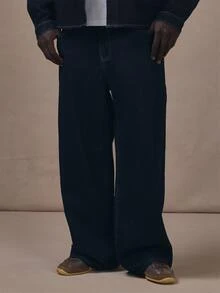 Baggy Denim Jeans Silver Hardwear Brown Leather "Musero Patch" Autum Winter Essentials - Navy Blue - View 2