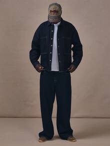 Baggy Denim Jeans Silver Hardwear Brown Leather "Musero Patch" Autum Winter Essentials - Navy Blue - View 1