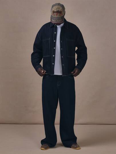 Quần jean denim ống rộng phụ kiện kim loại màu bạc, da nâu "Musero Patch", đồ thiết yếu mùa thu đông