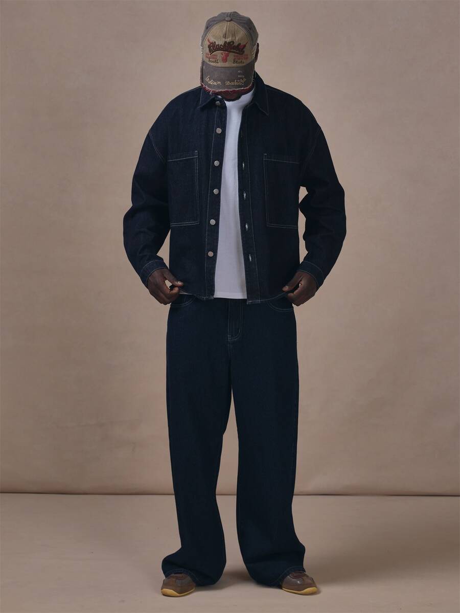 Baggy Denim Jeans Silver Hardwear Brown Leather "Musero Patch" Autum Winter Essentials - Navy Blue - View 1