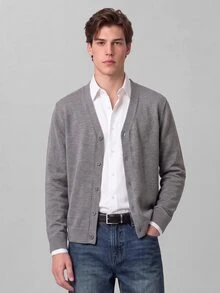 Colvenic Men's Solid Color Long Sleeve Single-Breasted Casual Knit Cardigan, Old Money - Grey - View 2