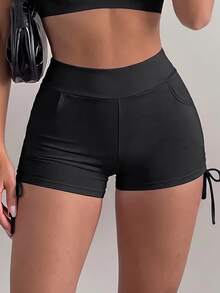 SHEIN Sovereign Charm Women's Plus Size Solid Color Pocket Tie Design Sports Shorts - Black and White - View 8