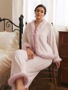 Côtesoire Plus Size Women's Shiny Velvet Striped Long Sleeve Pants Pajama Set - Dusty Pink - View 4