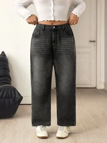 Flexra Plus Size Women's Straight Leg Loose Casual Versatile Denim Jeans With Pockets - Black - View 1