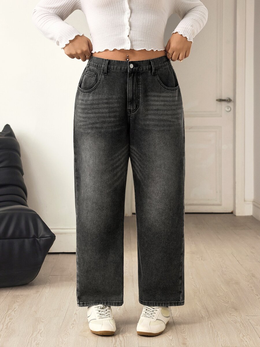 Flexra Plus Size Women's Straight Leg Loose Casual Versatile Denim Jeans With Pockets - Black - View 1