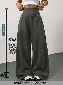 SHEIN Tall CURVE 大尺碼黑色純色抽繩高腰寬腿褲，居家休閒度假健身運動褲，秋季休閒軟綿舒適 - 深灰色 - 查看 3