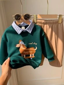 SHEIN 中性嬰兒男童/幼兒 2件組秋冬保暖內裡加厚可愛學院風運動衫套裝，嬰兒冬季套裝，聖誕節 - 墨綠色 - 查看 7
