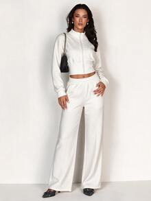 Glamine Stand Collar Zipper Short Jacket + High Waist Elastic Waist Pressed Line Wide Leg Sweatpants Solid Color 2 Pieces Sports Set - White - View 1