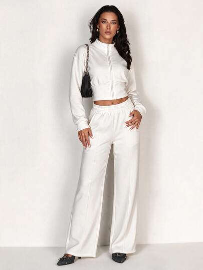 Glamine Stand Collar Zipper Short Jacket + High Waist Elastic Waist Pressed Line Wide Leg Sweatpants Solid Color 2 Pieces Sports Set