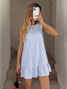 SHEIN LUNE 女款街頭風條紋拼色荷葉邊下擺洋裝 - 淺藍色 - 查看 4