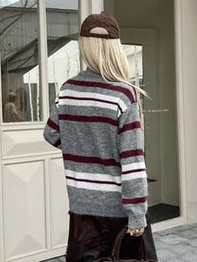 DAZY 女款寬鬆條紋套頭休閒毛衣 冬季 - 灰色 - 查看 5