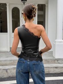 Siren Gaze Women's Sexy One Shoulder Ruched Lace Patchwork Top - Black - View 2