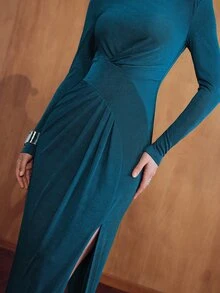 MOTF PREMIUM WOMEN'S AUTUMN/WINTER ELASTIC FABRIC STRUCTURED DESIGN ELEGANT SLIM FIT MIDI DRESS - Teal Blue - View 2