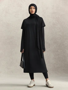 Activina Women's Solid Color Hooded 2 In 1 Sports Dress - Black - View 3
