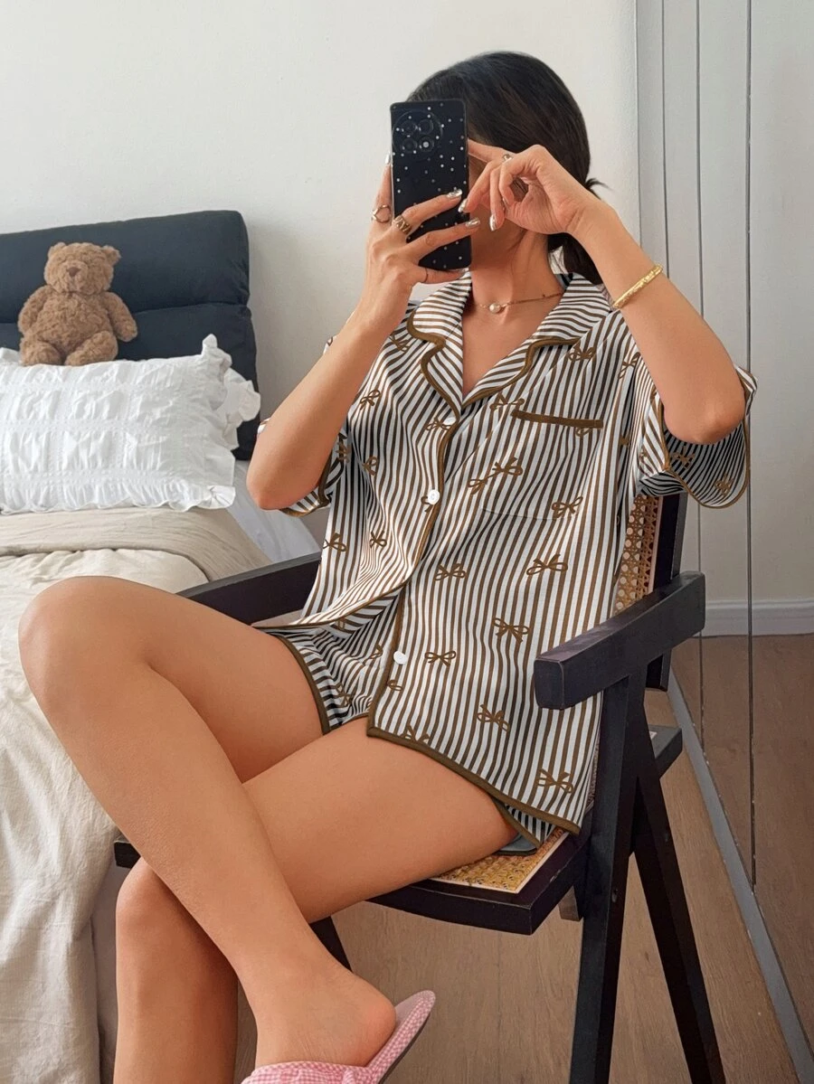 Napfluff Cute Blue Striped Blue Bow Pink Print Short Sleeve Shorts Women's Pajama Set - Brown - View 1