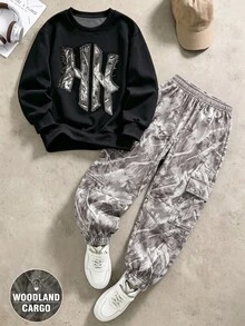 2件組小男孩圓領衛衣上衣與葉片工裝褲套裝，迷彩印花服飾，長袖街頭風，適合假期派對，舒適休閒，春夏秋季穿著，柔軟舒適，男嬰首選，時尚休閒外出穿搭 - 黑色 - 查看 1