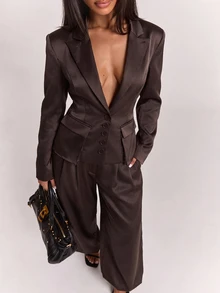 SHEIN BAE Women's Autumn/Winter Loose Casual Commute Dark Gray Striped Blazer Long Sleeve Jacket, Daily Commute Outfit, Social Event Outfit - Rust Brown - View 5
