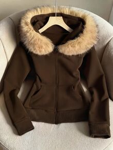 Resyla Women's Solid Color Fur Collar Hooded Slim Fit Sweatshirt Jacket - Multicolor - View 1