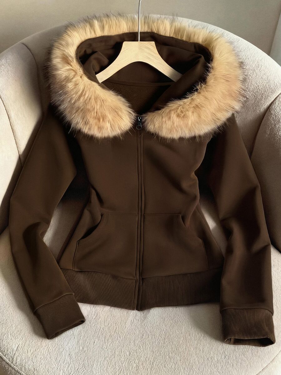 Resyla Women's Solid Color Fur Collar Hooded Slim Fit Sweatshirt Jacket - Multicolor - View 1