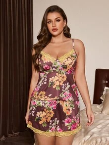 Slumberist Floral Print Long Sleeve Morning Robe Lace Decor Camisole Shorts Plus Size Women's Pajama Set - Multicolor - View 5