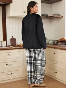Doze Lane Casual Plush Plaid Print Letter Embroidered Plus Size Long Pajama Set - Black - View 2