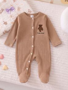 Newborn Long Sleeve Footed Romper, Khaki Soft Ribbed Bear Embroidery Baby Jumpsuit, Round Neck Front Button Closure Footed Baby - Multicolor - View 7