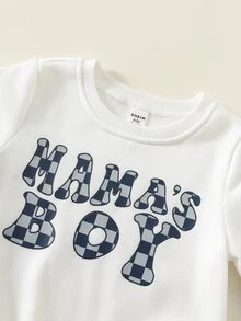 SHEIN 2件組男嬰秋冬休閒字母圖案針織柔軟圓領長袖套頭衛衣與格紋長褲套裝，嬰兒套裝 - 彩色 - 查看 4