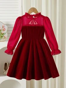 Young Girls Velvet Mesh Long Sleeve Dress, Bow Neck Cutout A-Line Flared Dress, Red Princess Party B - Red - View 2