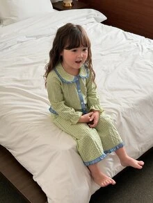 DAZY Infant/Toddler (Girl) Plaid Korean Style Long Sleeve Comfortable 2 Pieces Loungewear Set - Green - View 7