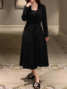 DAZY 2pcs Women's Sweet Ditsy Floral Sleeveless Fitted Long Strap Dress & Long Cardigan Robe Sleepwear Set - Black - View 4