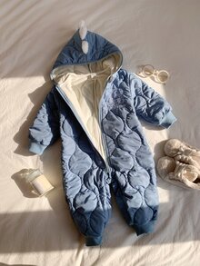 SHEIN 男女通用新生兒嬰兒/幼兒秋冬保暖內裡加厚可愛藍色恐龍連帽連身衣，男嬰冬季連身衣/吊帶褲/雪衣 - 藍色 - 查看 6