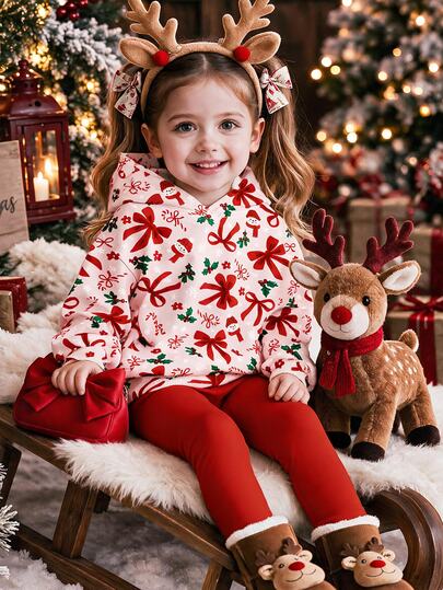 Vintage Cute Pink Girly Bow Christmas Snowman Snowflake Pattern, Christmas Eve Bestseller, Baby Girl Casual Minimalist Loose Hoodie Sweatshirt Elastic Waist Long Pants Set Suitable For Autumn/Winter, Christmas Atmosphere, Party, Creative Gift