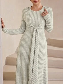 Graceveil French Style Cinched Waist Ribbon Knit Dress, Slimming Round Neck Vertical Striped Draped Floor-Length Dress - Grey - View 7