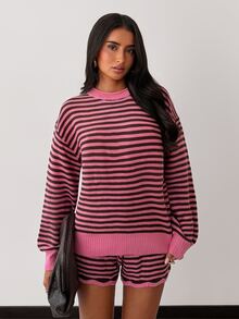Glamine Autumn/Winter Fashion Striped Crew Neck Long Sleeve Shorts 2 Pieces Set - Multicolor - View 1