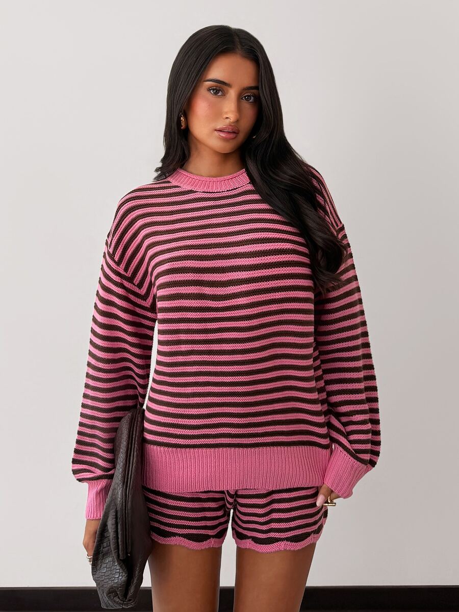 Glamine Autumn/Winter Fashion Striped Crew Neck Long Sleeve Shorts 2 Pieces Set - Multicolor - View 1
