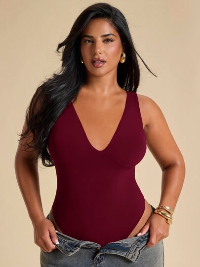 SHEIN BAE CURVE Plus Size Women's Brown Built-In Cup Bodysuit, Elegant Sexy Bodysuit,Going Out,Birthday,Halloween,Autumn/Fall,Casual,Y2k ,Sexy,Basic,Prom Top