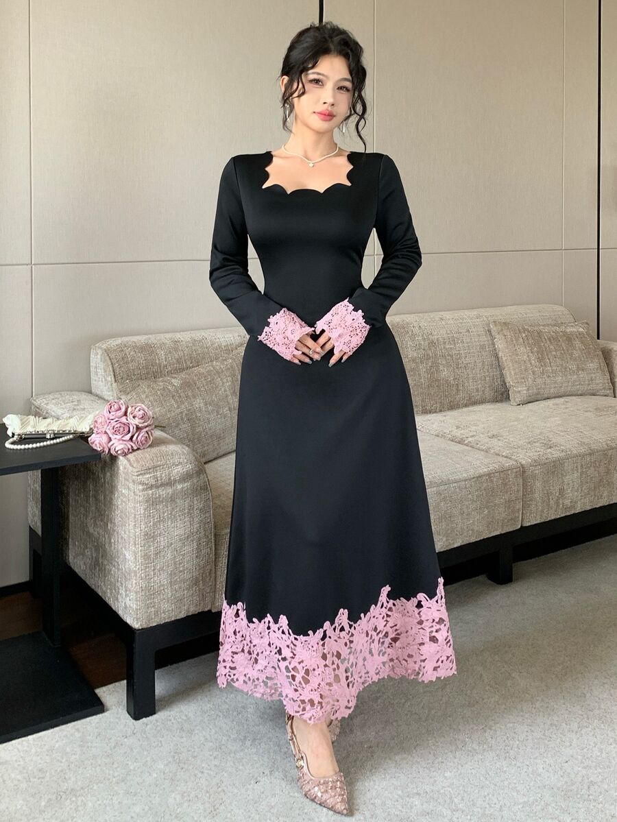 Feyla Women's Curved Square Neckline Contrast Lace Long Sleeve Elegant Midi Dress - Black - View 1