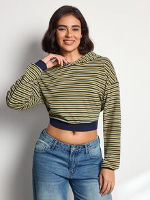 SHEIN Sports 女款條紋落肩長袖短版運動衫 - 黃色 - 查看 3
