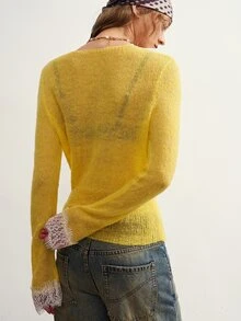 Bohemela Women's Contrast Lace V-Neck Long Sleeve Single-Breasted Knit Cardigan - Yellow - View 6