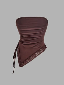 SHEIN MOD 2pcs Women's Solid Color Ruched Side Drawstring Lace Hem Tube Top - Brown - View 11