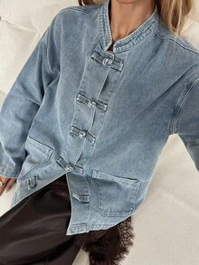 DAZY Deep Blue Stand Collar Single-Breasted Metal Button Loose Drop Shoulder Long Sleeve Casual Versatile Denim Jacket - Blue - View 1