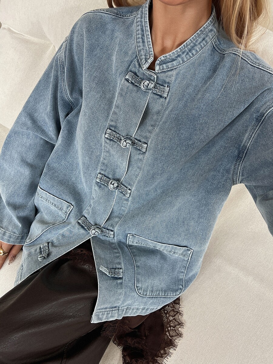 DAZY Deep Blue Stand Collar Single-Breasted Metal Button Loose Drop Shoulder Long Sleeve Casual Versatile Denim Jacket - Blue - View 1