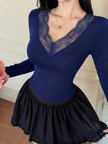 DAZY 春/夏修身優雅蕾絲拼接情人節派對白色長袖女款T恤 - 藍色 - 查看 3
