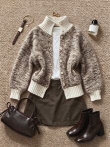Grovea Sweater Cardigan Wanita Ukuran Plus dengan Motif Krisan Berwarna-warni dari Benang Khusus, Jaket Kasual Serbaguna untuk Musim Gugur/Dingin - MultiWarna - View 1