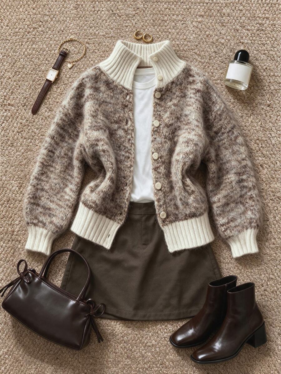 Grovea Sweater Cardigan Wanita Ukuran Plus dengan Motif Krisan Berwarna-warni dari Benang Khusus, Jaket Kasual Serbaguna untuk Musim Gugur/Dingin - MultiWarna - View 1